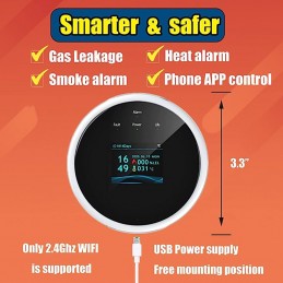 Detector de Gas Wi-Fi, Alarma con carga por USB, Fugas De Gas Combustible  Butano/Metano/Propano, Control por App Smart Life.