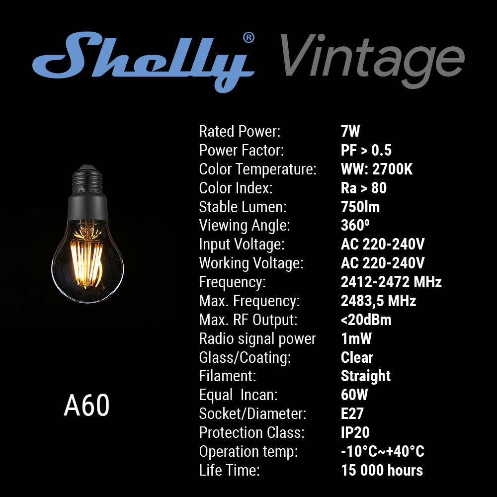 SHELLY - Ampoule LED Wi-Fi E27 7W blanche Shelly Vintage A60