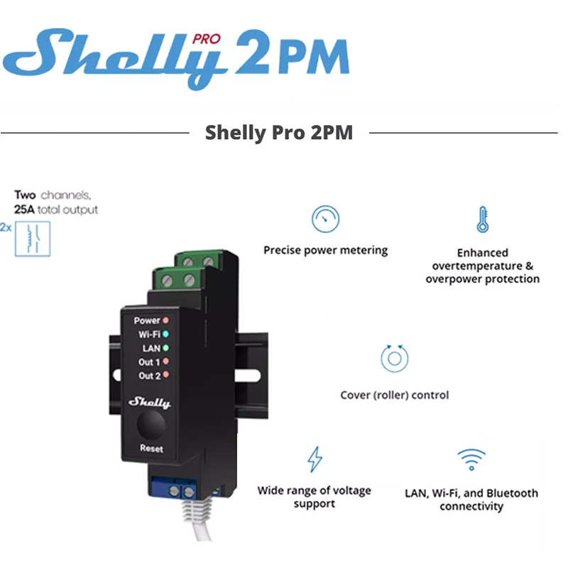 Shelly PRO 2PM Interruttore a 2 canali da 16A con Misurazione Potenza