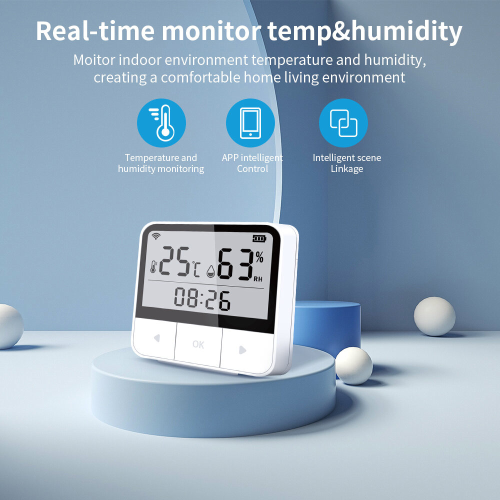 Thermomètre hygromètre Smart WiFi + capteur température et d'humidité  Bluetooth avec rétroéclairage pour intérieur/extérieur, contrôle APP  Tuya（blanc）